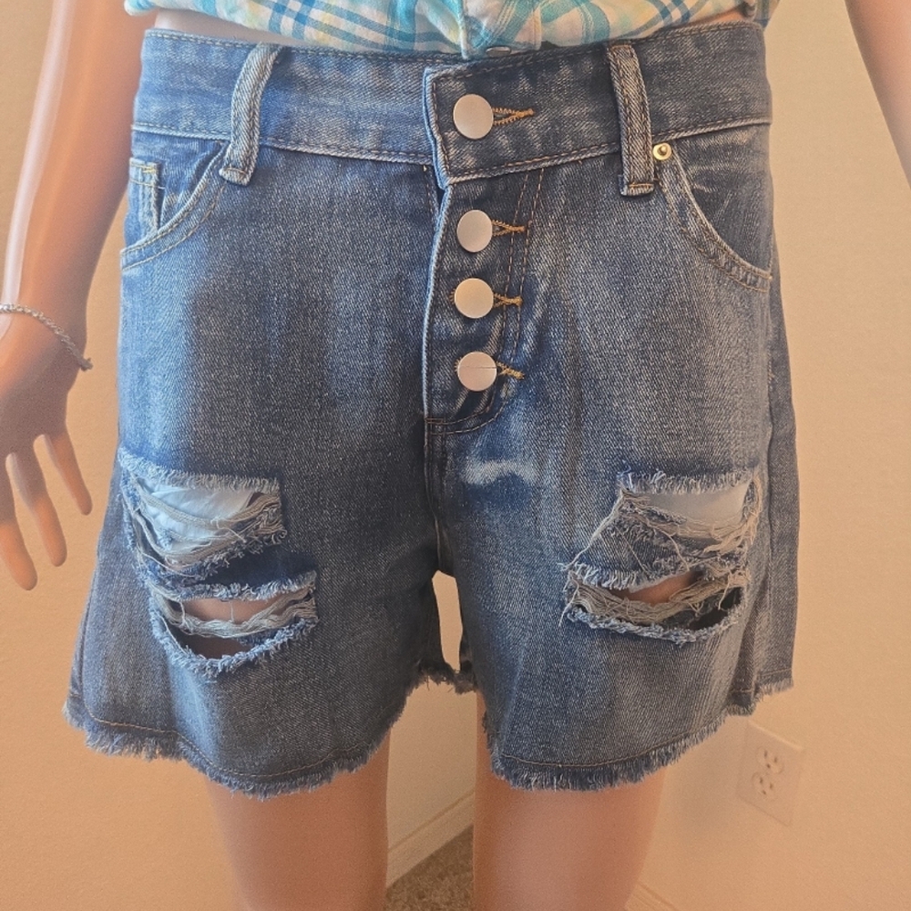 Denim Ripped & Distressed Jean Button-fly Shorts